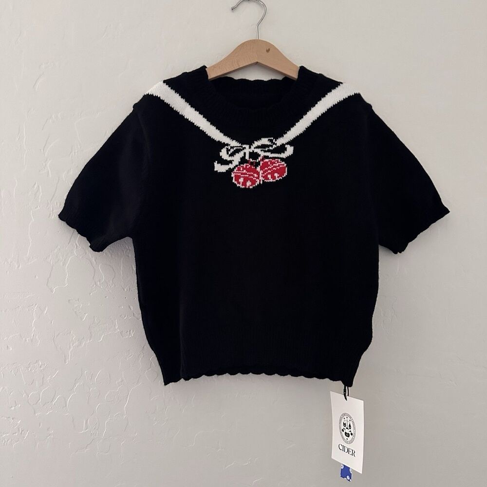 Cider Black Cherry Knit Crop Top Scalloped Trim Coquette Preppy Y2K Sweater S